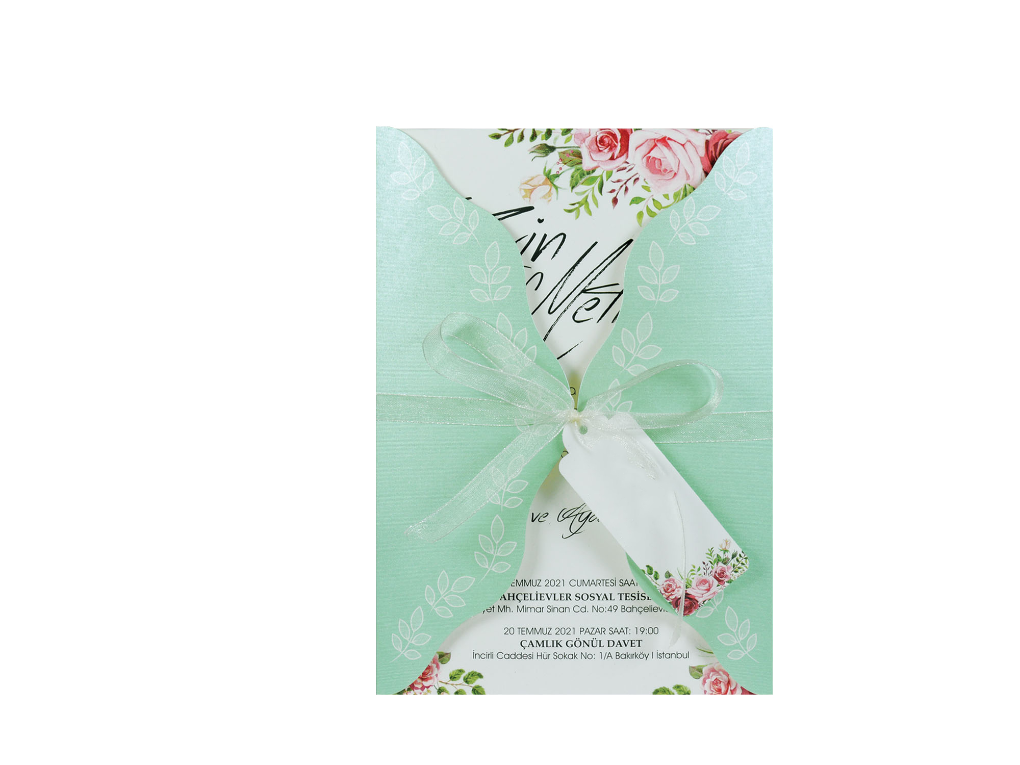 Modern wedding invitation with roses in aquamarine cover