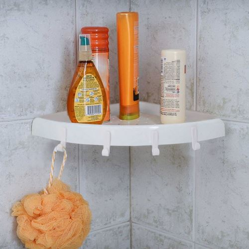 Adhesive corner shelf with hooks