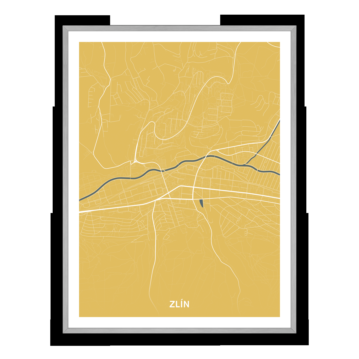Zlín – silnice - města – mapa doztracena / město – žlutá / pěnová kapa deska / stříbrný hliníkový rám / 30×40 cm