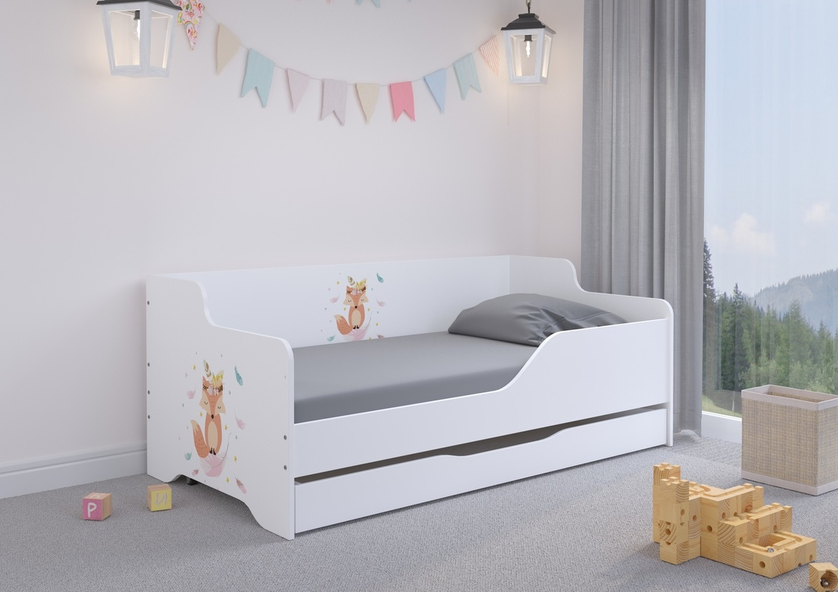 Dětská postel se zády LILU 160 x 80 cm - Liška - postel + úložný prostor - zábrana (A - levá)