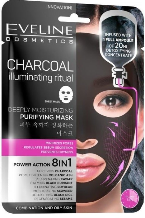 EVELINE hĺbkovo čistiaca hydratačná sheet maska s aktívnym čiernym uhlím 8v1, 1 ks - s čiernym uhlím