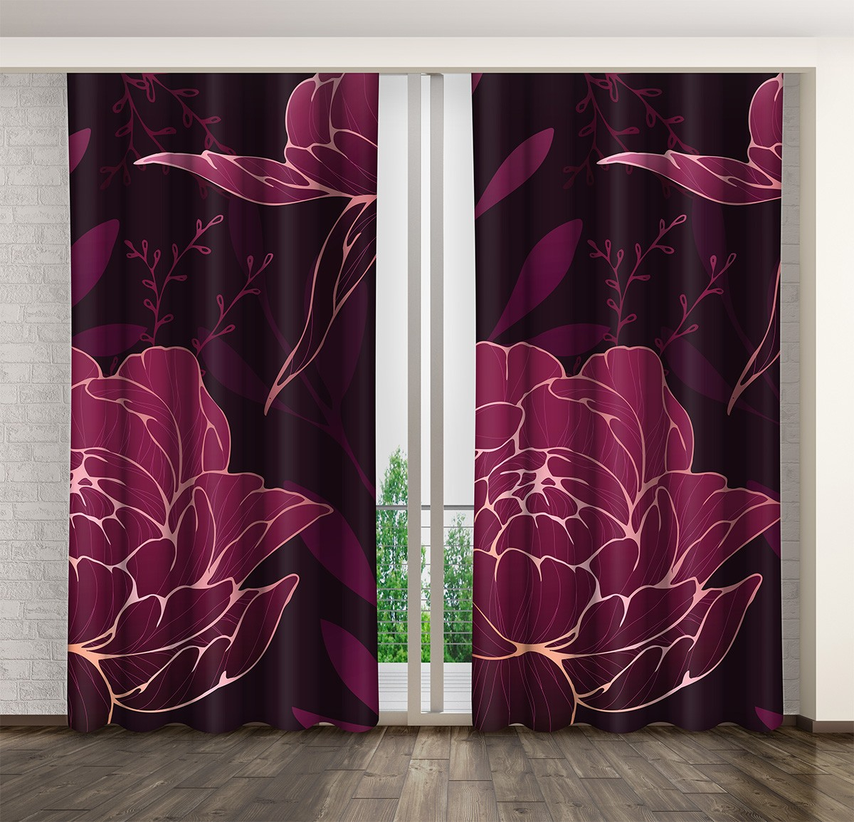 Curtain in burgundy color with flowers