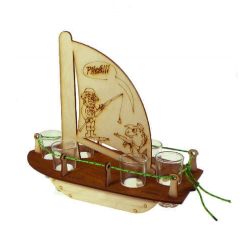 Shot glasses on a stand in the shape of a boat