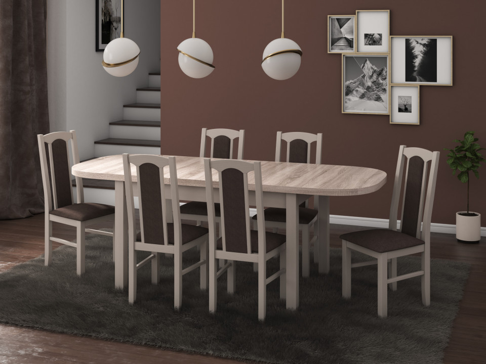 Extensible table set 160x200cm with 6 upholstered chairs, mb-12 venus1 and s-37 boss7 s6, sonoma, solid beechwood, fabric