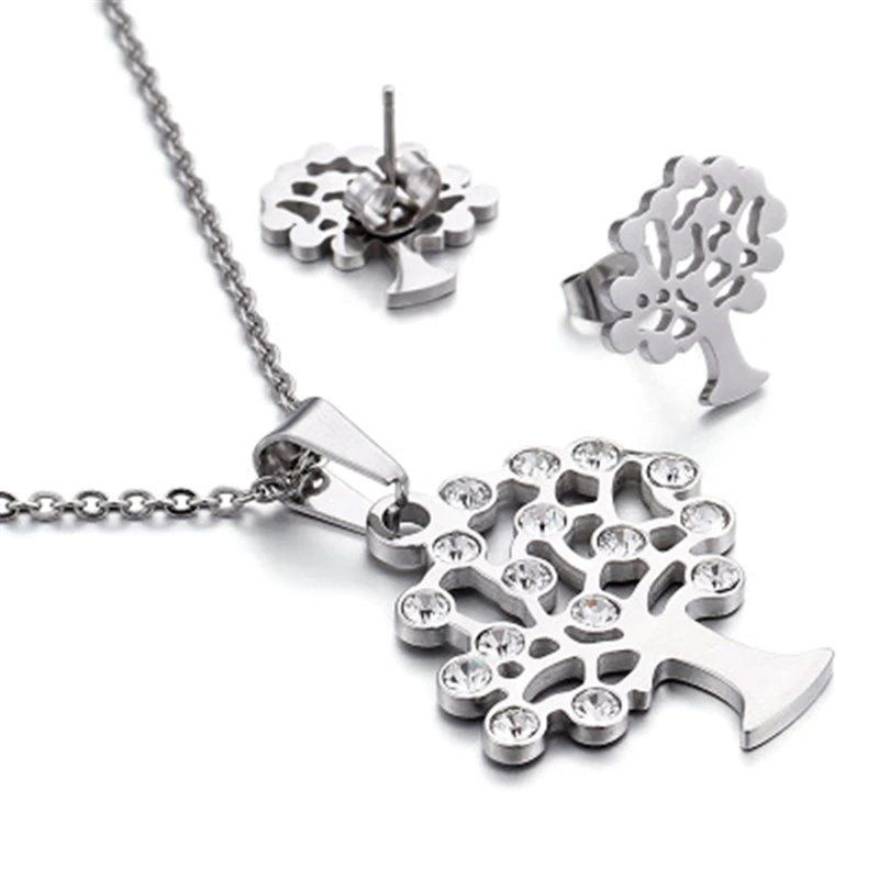 Steel Tree Crystal Silver Jewelry Set