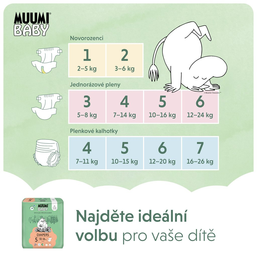 MUUMI Baby 5 Maxi+ 10-16 kg (44 ks), ekologické pleny