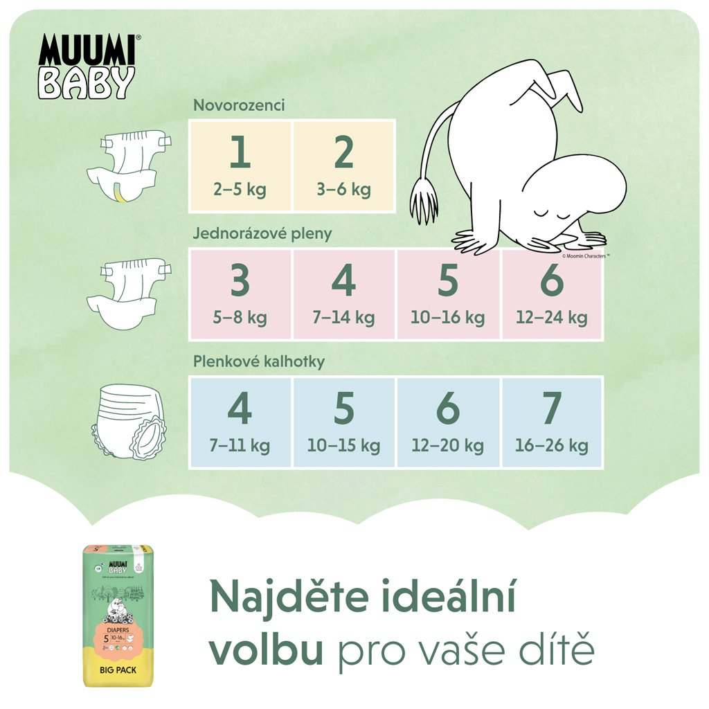 MUUMI Baby 5 Maxi+ 10-16 kg (66 ks), ekologické pleny
