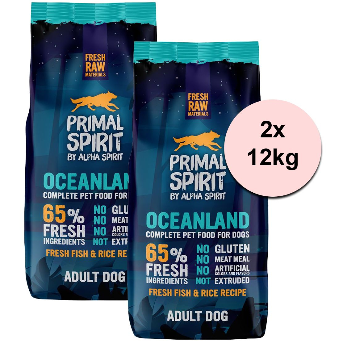 Primal Spirit Dog 65% Oceanland Dog - pește de ocean 2 x 12kg