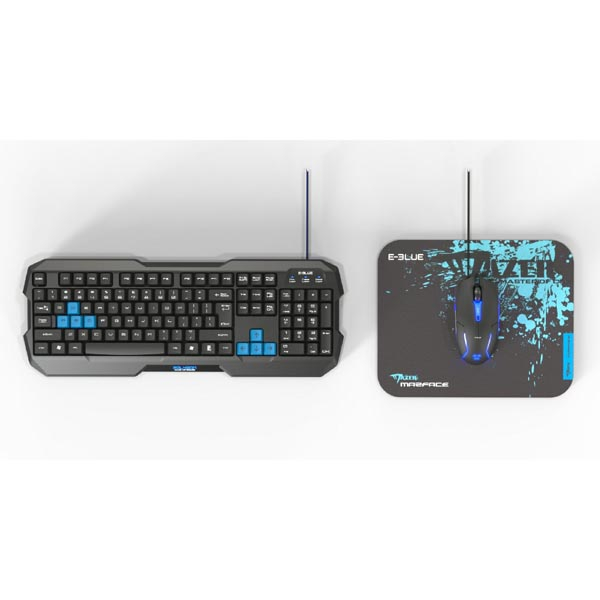 E-BLUE Polygon, Tastatur- und Maus-Set Cobra II, US, Gaming, mit Mauspad Mazer Marface S Typ kabelgebunden (USB), schwarz-blau