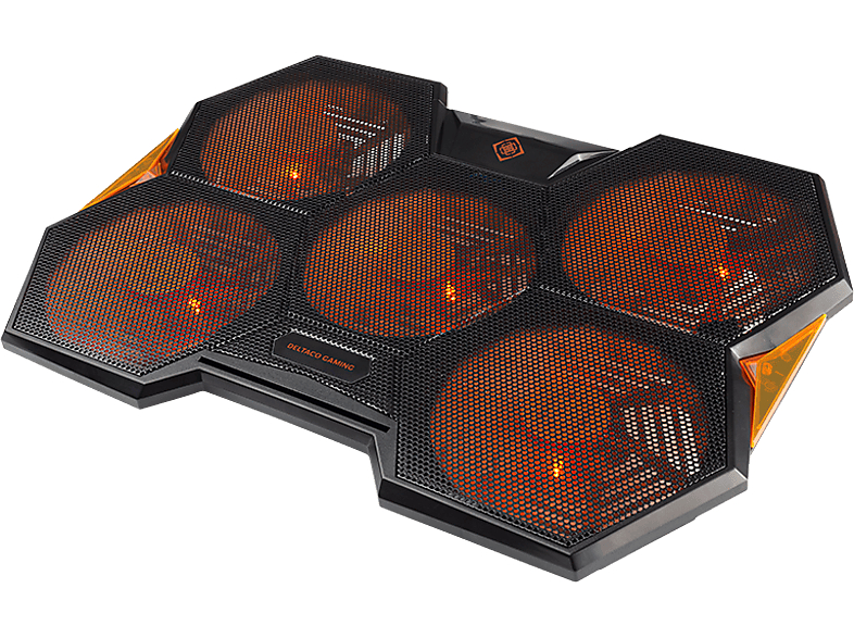 Deltaco Gaming Laptopkylare, 1000-1300 Rpm, 5x140mm fläktar, 2xUSB-A, 2st stödlägen, svart/orange