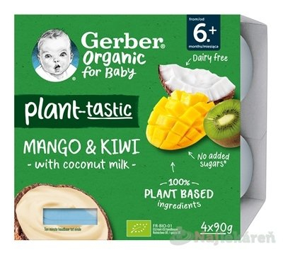 GERBER Organic rastlinný dezert mango a kiwi s kokosovým mliekom od ukonč. 6. mesiaca 4x90 g