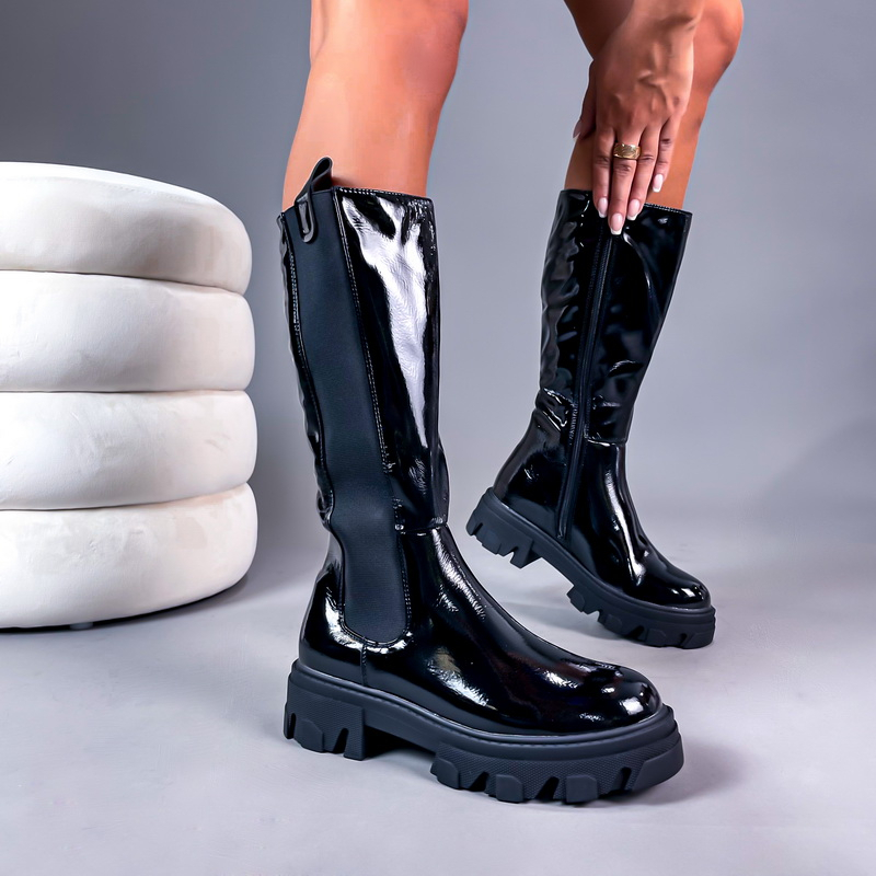 Black patent high boots