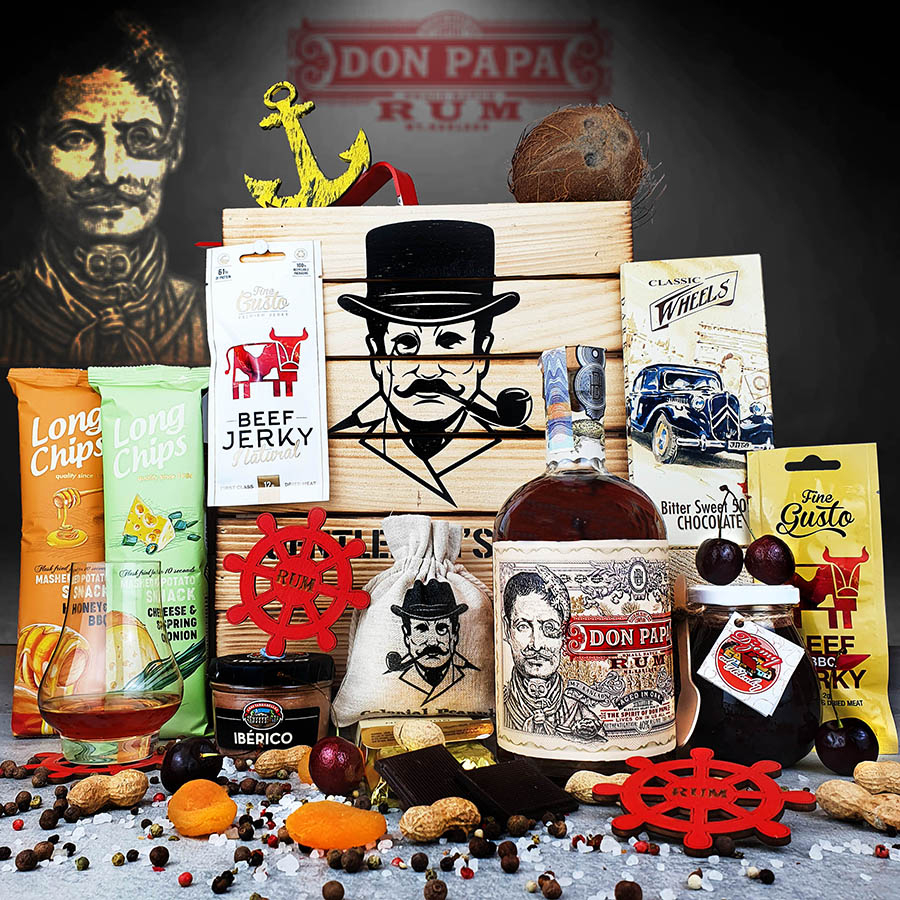 Opálená debna s páčidlom a rumom Don Papa| Darčekové balenie pre mužov k narodeninám, Vianociam a výročiu