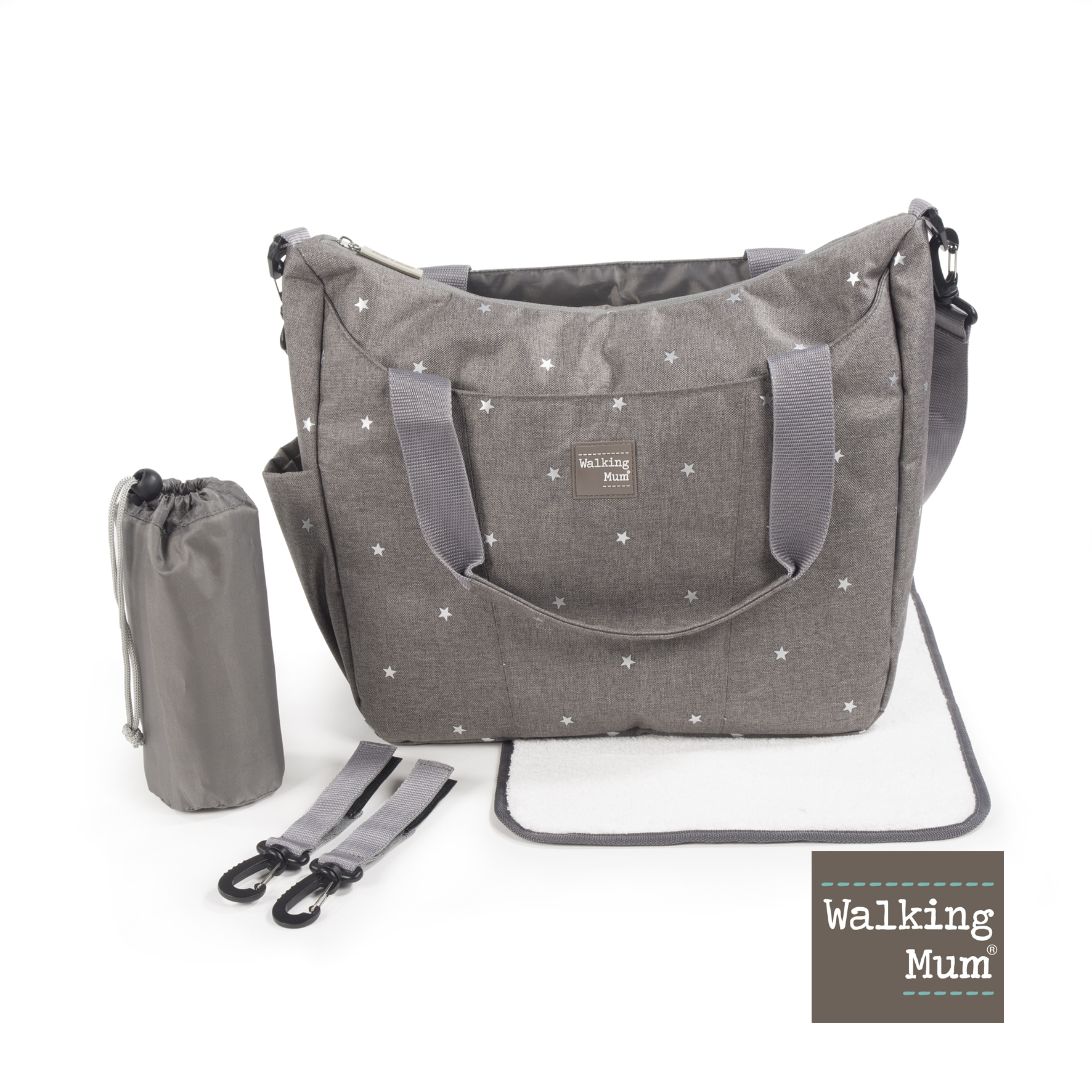 Prebalovacia taška Walking Mum Gaby Grey - sivá s hviezdičkami