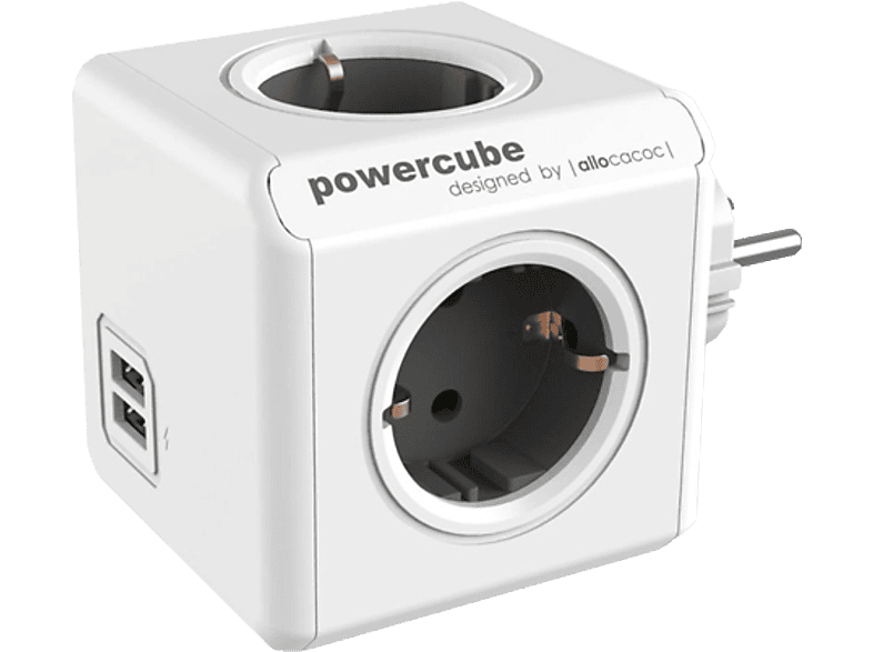 Allocacoc PowerCube Original Grenuttag 4 uttag/1 USB - Vit/Grå