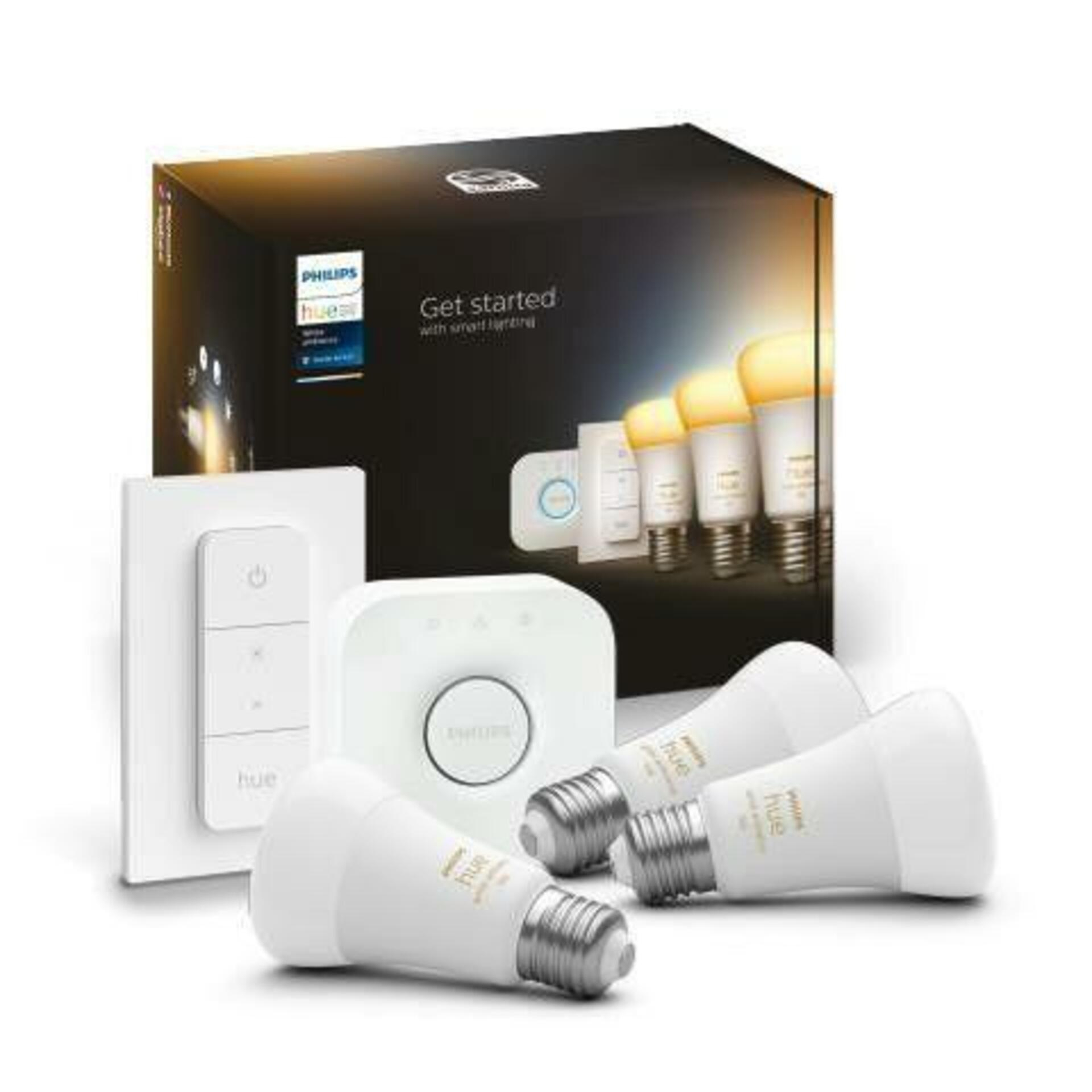 Philips Hue 8719514291232 LED žiarovky a Bridge Starter Kit set 3x8W | E27 | 1100lm | 2200-6500K -sada 3ks, stmievateľné, ZigBee, Bluetooth, diaľkové