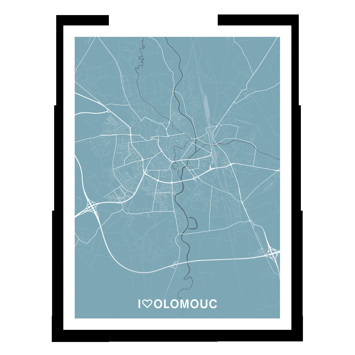 Olomouc – silnice - města – love / město – modrá / papír / bez lišt / 30×40 cm