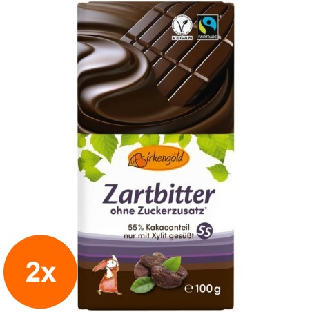 Set 2 x Ciocolata Neagra Indulcita doar cu Xylitol 55% Cacao, 100 g, Birkengold...
