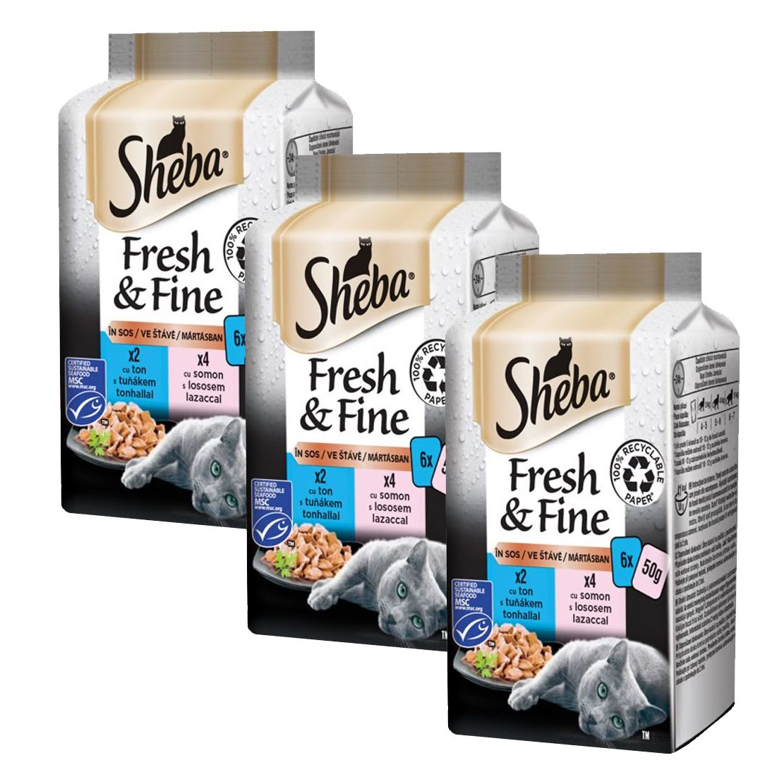 Sheba Fresh & Fine kapszula macskáknak, lazac és tonhal 3 x (6 x 50 g)
