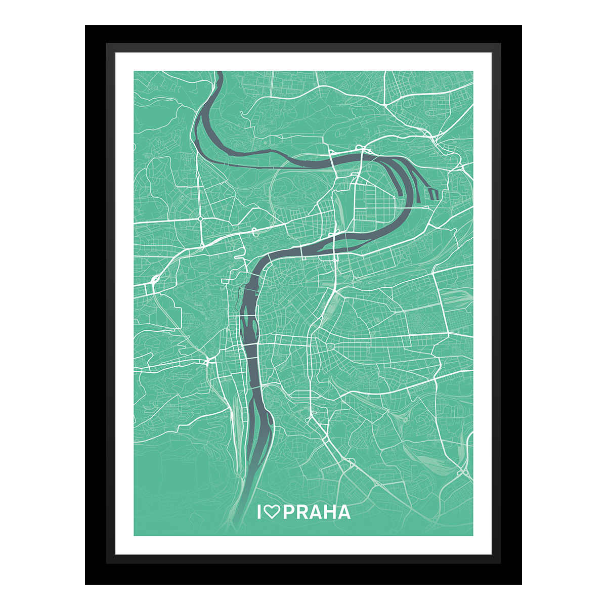 Praha – silnice - města – love / město – zelená / pěnová kapa deska / černý hliníkový rám / 45×60 cm