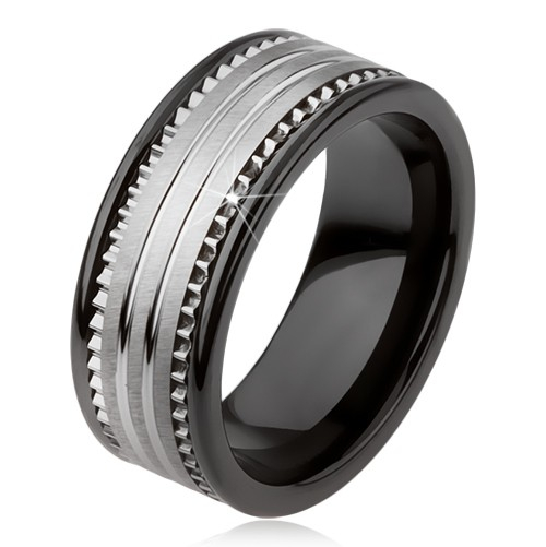 Tungsten ceramic black ring with silver surface and stripes - Size: 64