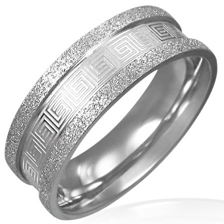 Pískovaný ocelový prsten - řecký klíč - Velikost: 59