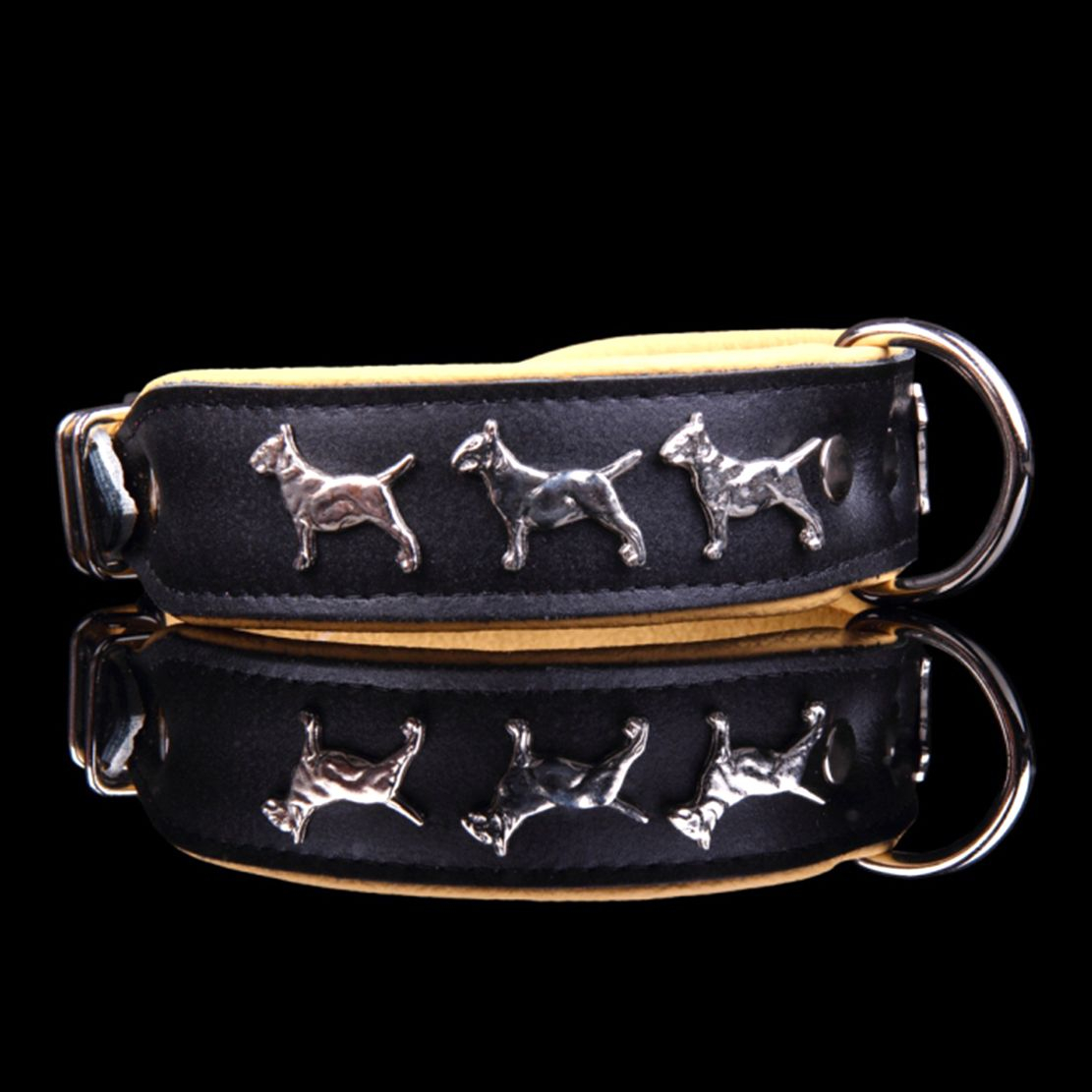 Super Bull Terrier bőrnyakörv, fekete - bézs 4 cm x 44 - 52 cm