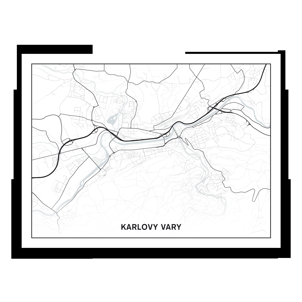 Karlovy Vary – silnice - města – mapa doztracena / město – bílá / plátno natažené na rámu / 60x45 cm